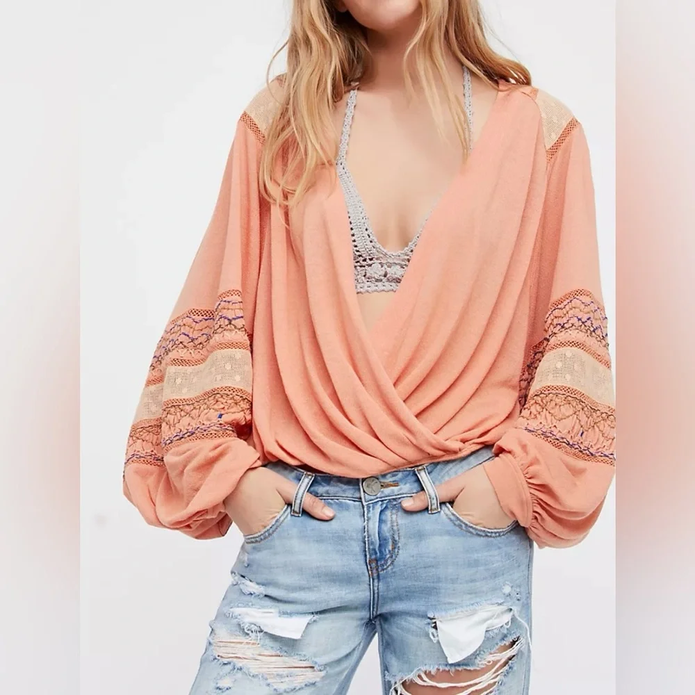 Free People Peach Spring Break Wrap Blouse with Embroidered Sleeves - Size S